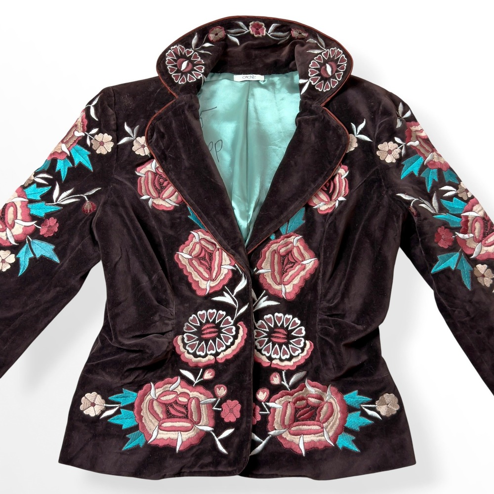 Vtg Cache Floral Embroidered Brown Velvet Fitted Blazer Jacket Sz 4 Y2K Western - Picture 2 of 12